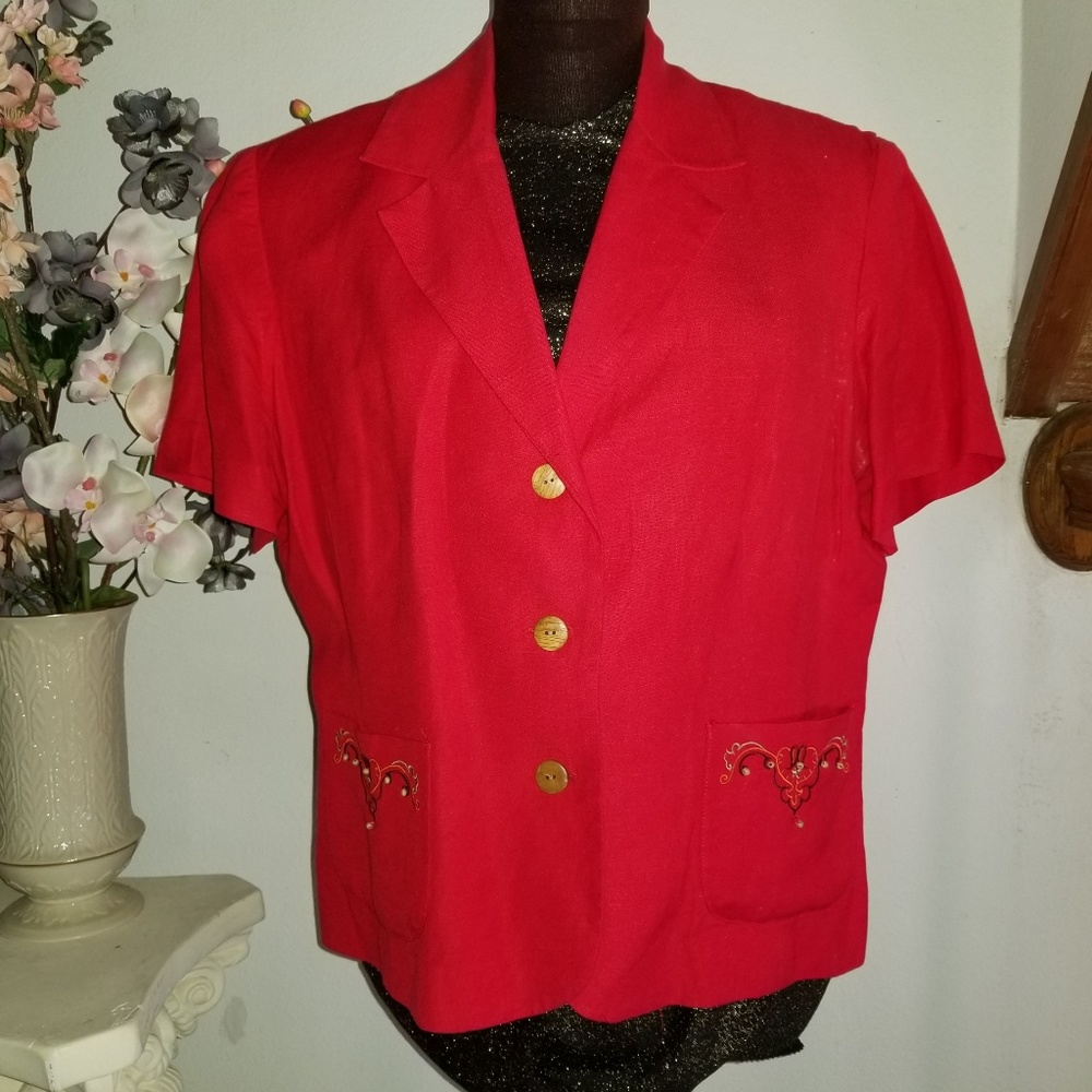 Short Red Jacket with bead designs and wood look b